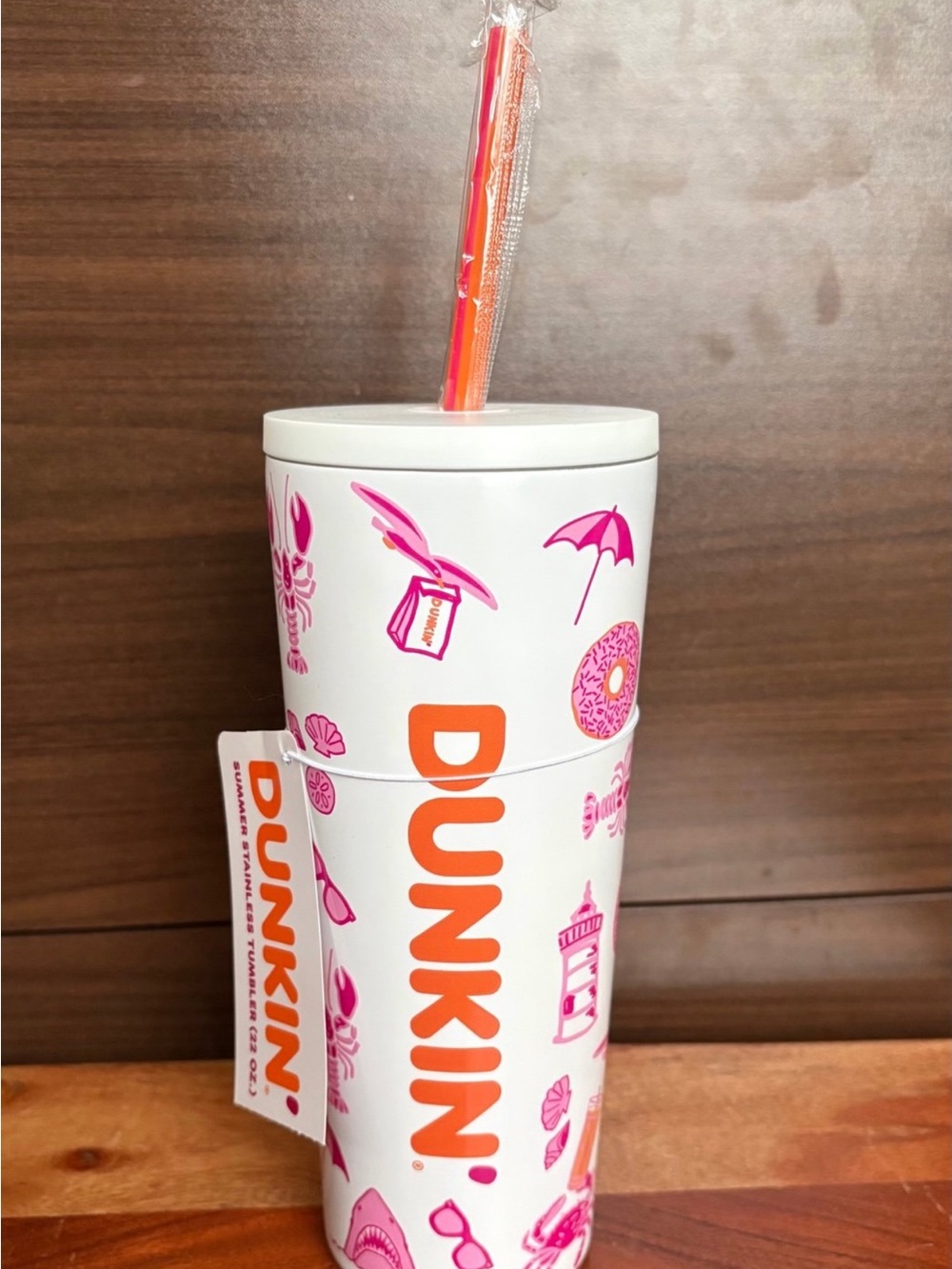 Dunkin White & Pink Insulated Travel Tumbler with Straw cape themed